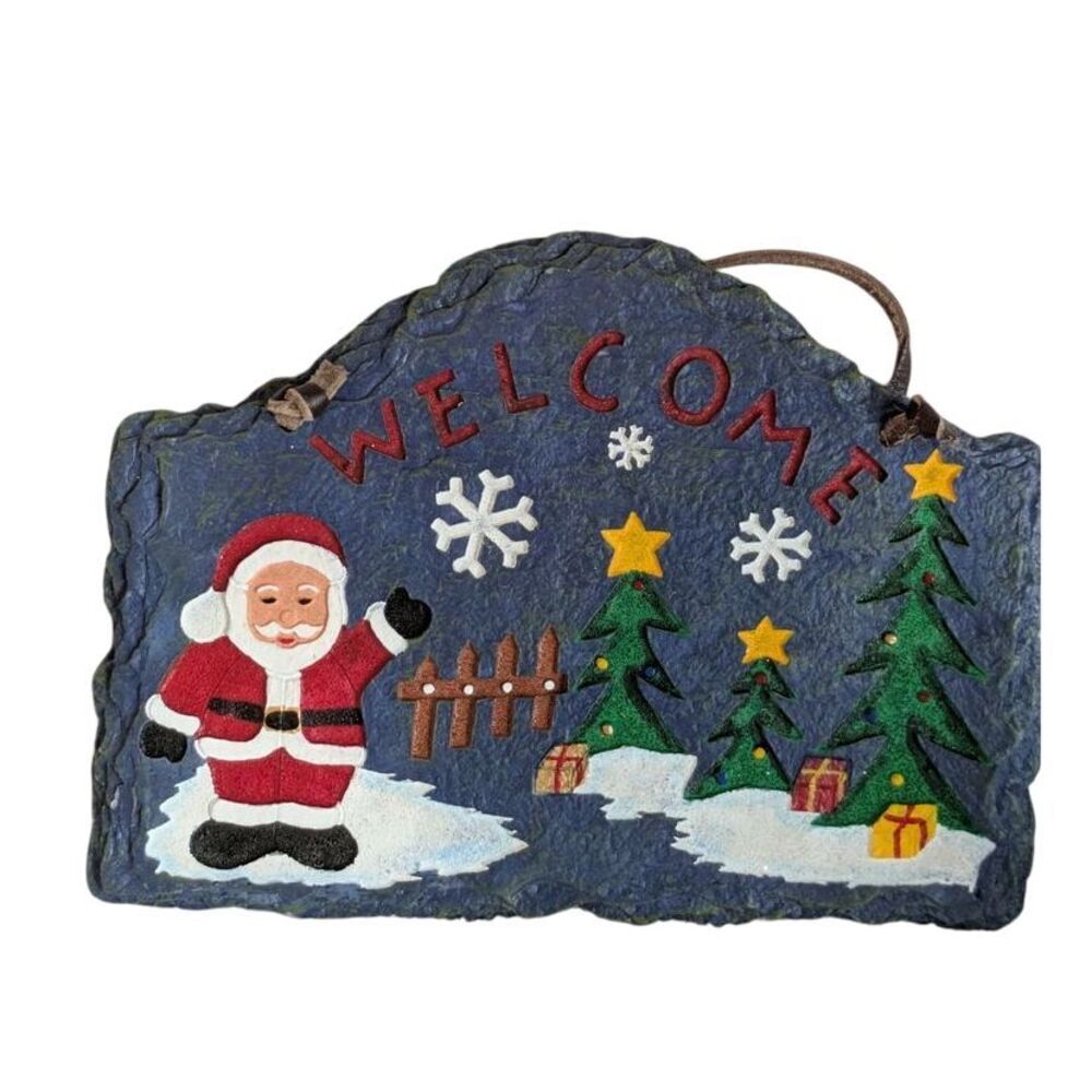 Christmas Welcome Slate Sign Santa Claus Winter Holiday Decor grannycore 6 inch
